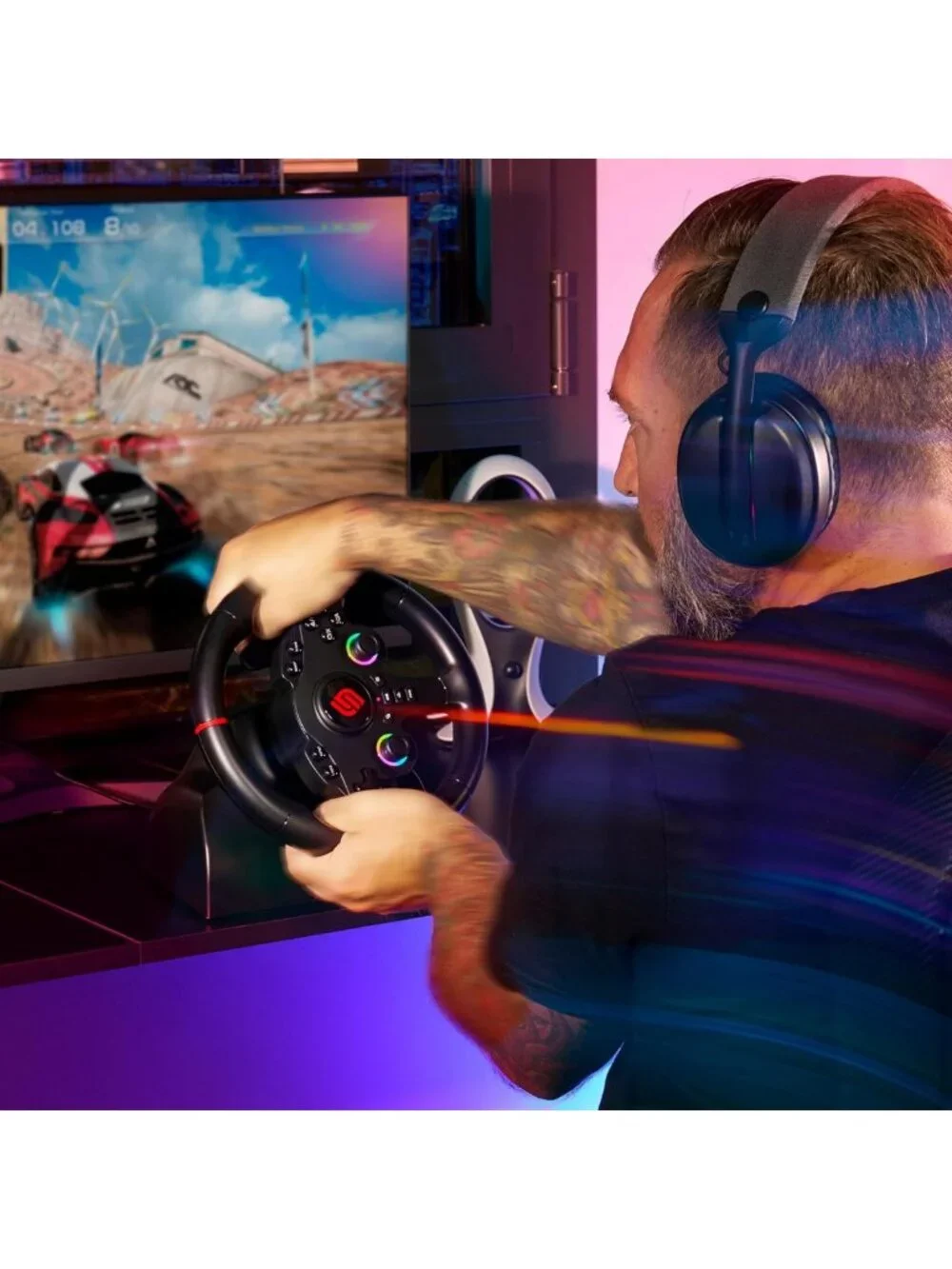 RGB Gaming Steering Wheel with Switch for PS4, Xbox & PC - Racing Accessory